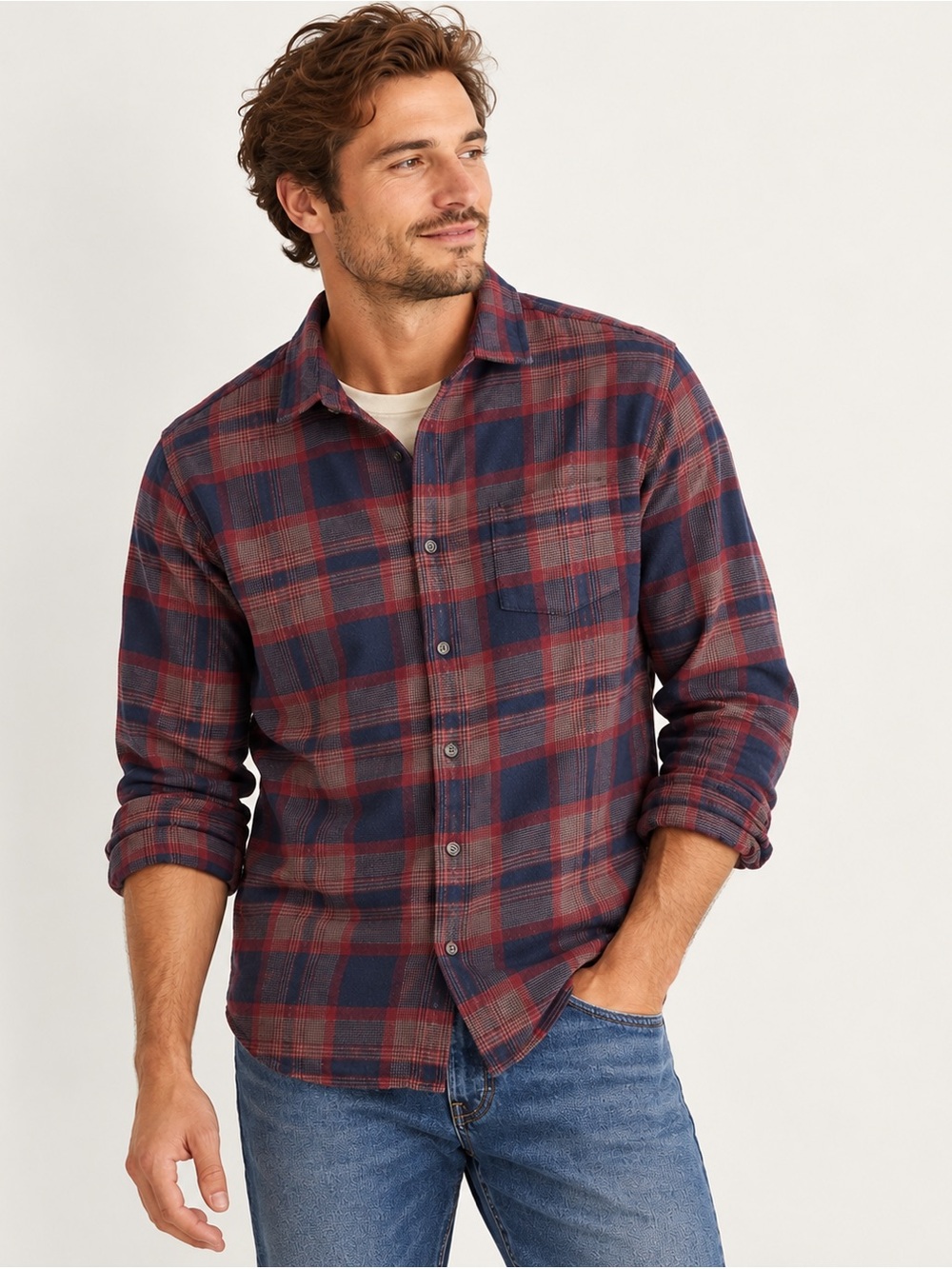 Marine Layer Tahoe Flannel Navy Burgundy Plaid Button Down Double Brushed M